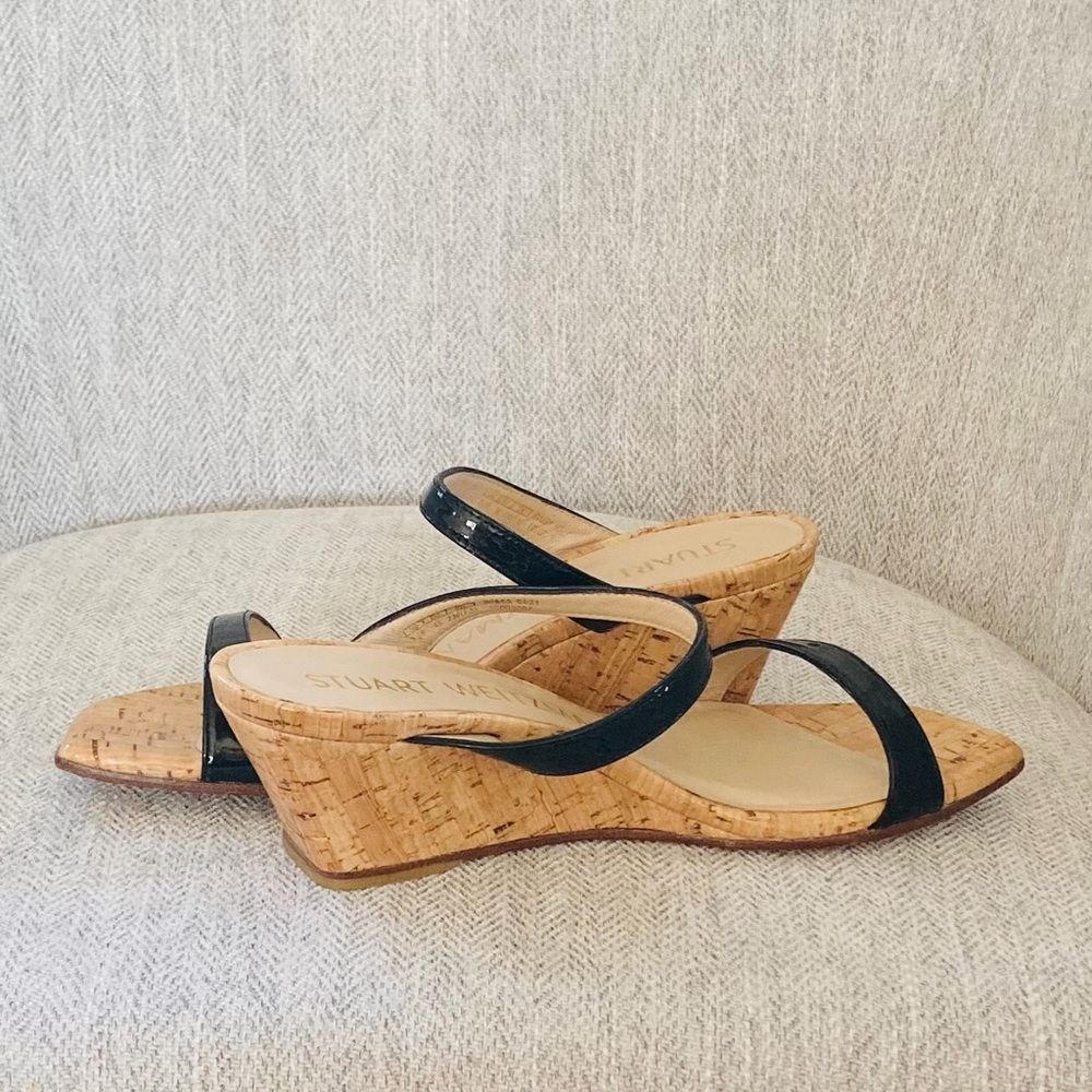 Stuart Weitzman Black Patent Leather Cork Wedge Slip on Sandals